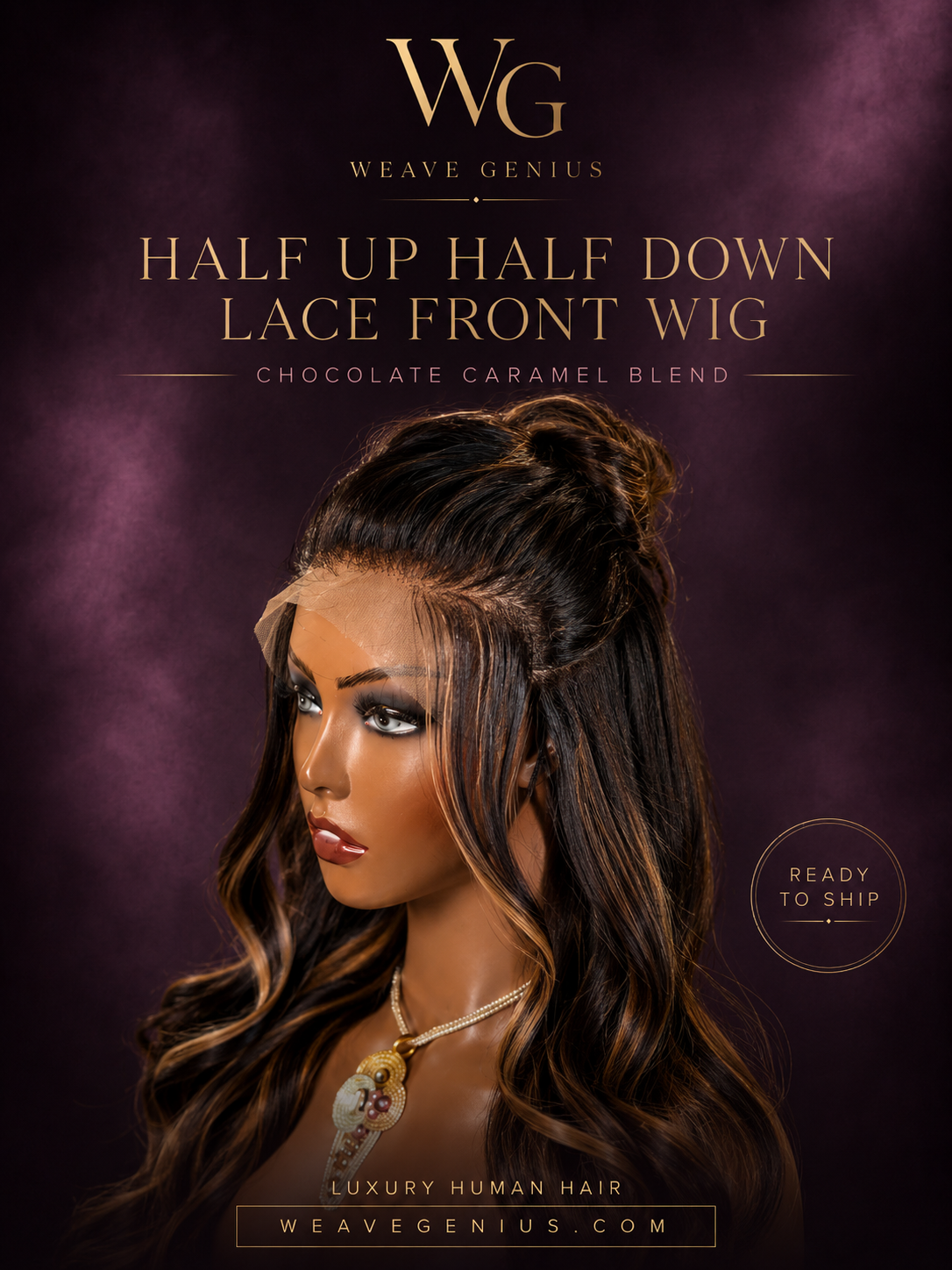 Ready To Ship | 20” Lace Front Half Up Half Down Wig – | 175% Density Human Hair Wig - Chocolate Blend