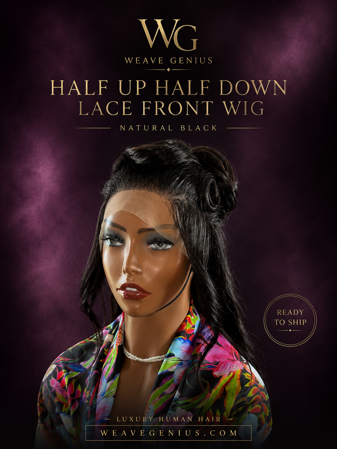 Ready To Ship | 18” Lace Front Half Up Half Down Wig – | 175% Density Human Hair Wig - Natural Black