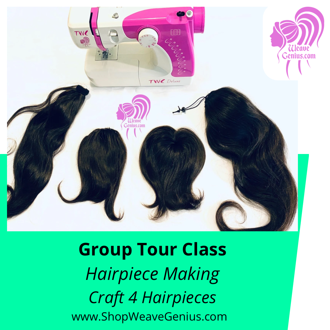 Hairpiece making craft class with sewing machine and hairpieces on a white background, featuring the Weave Genius logo.