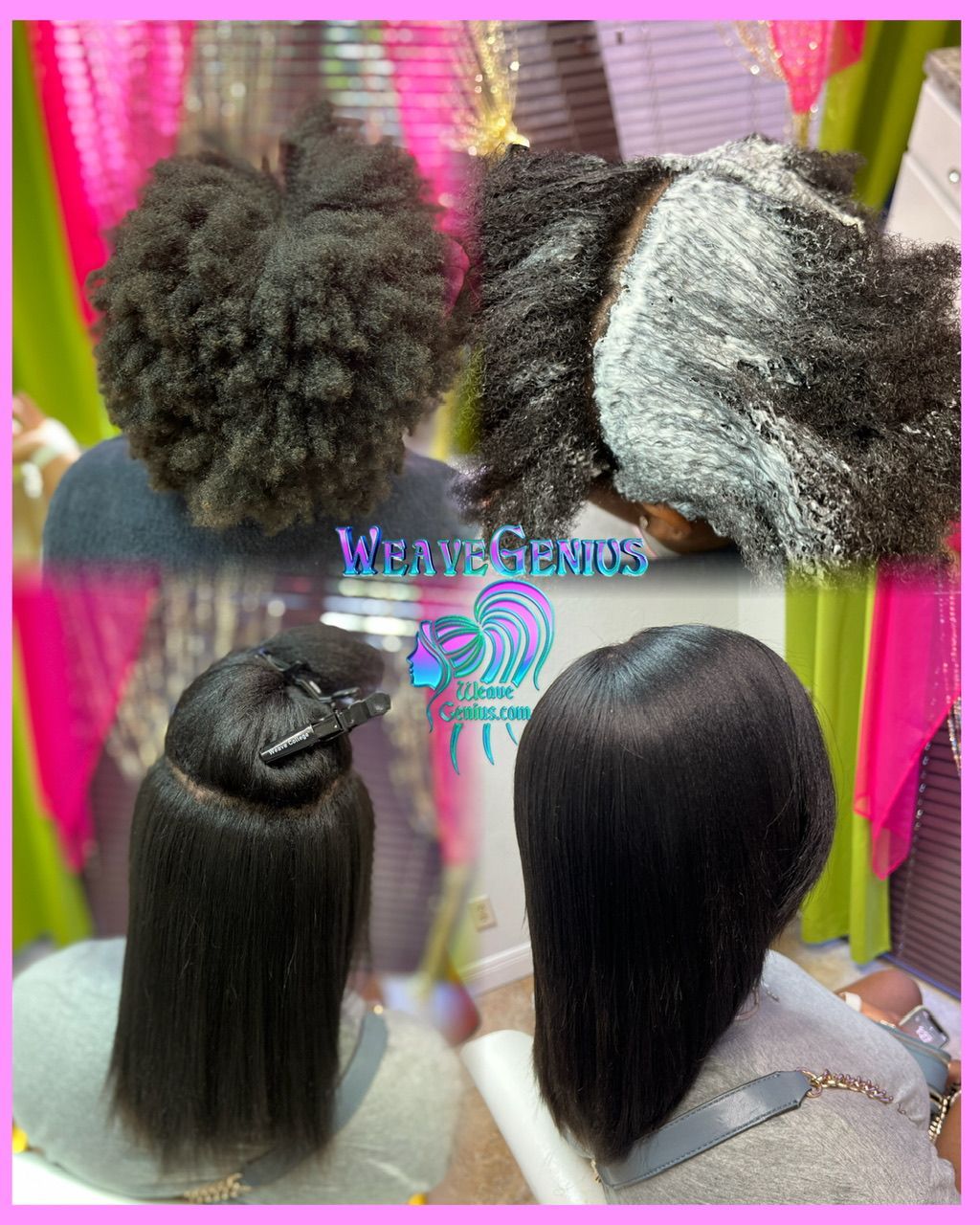 Display of hair extensions on mannequin heads with 'Weave Genies' branding.