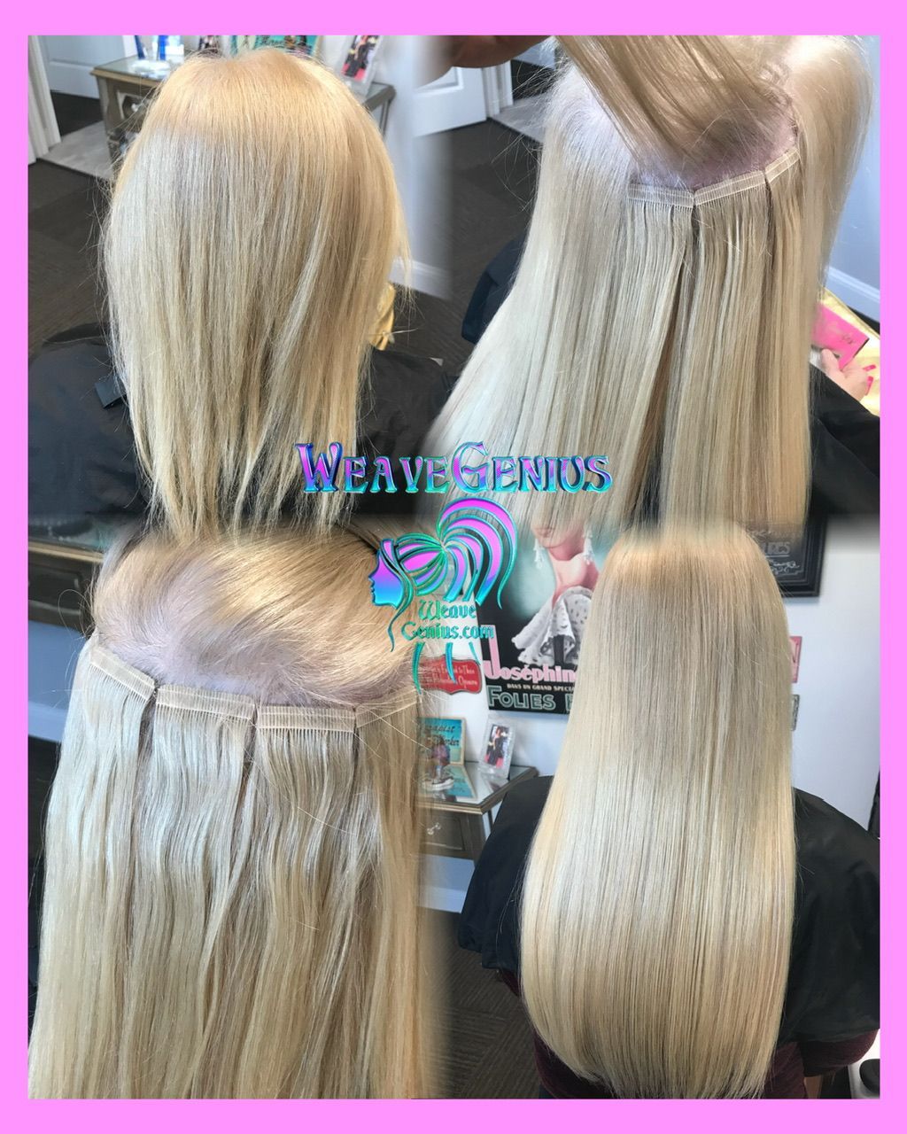 Blonde hair extensions with 'WeaveGenius' branding on a blurred background.