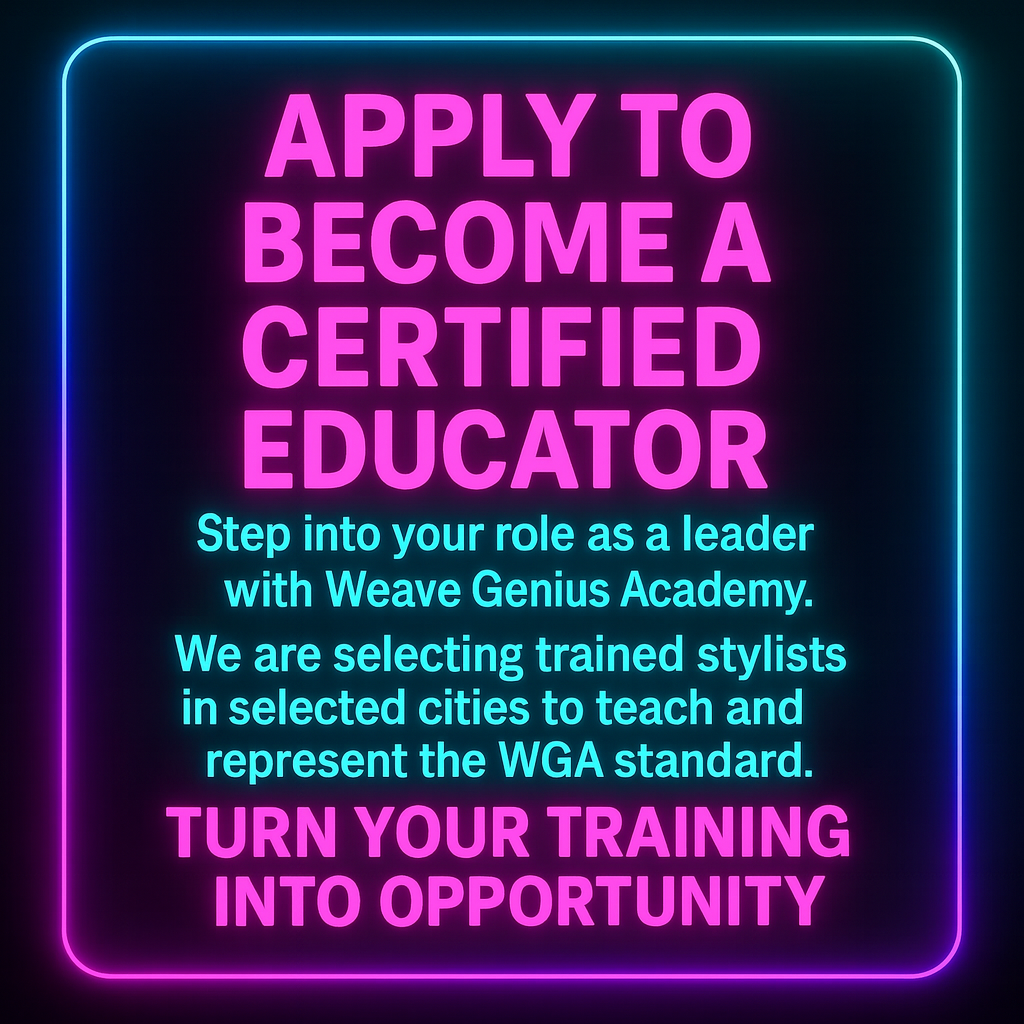 Neon sign with text about becoming a certified educator and applying to Weave Genius Academy.