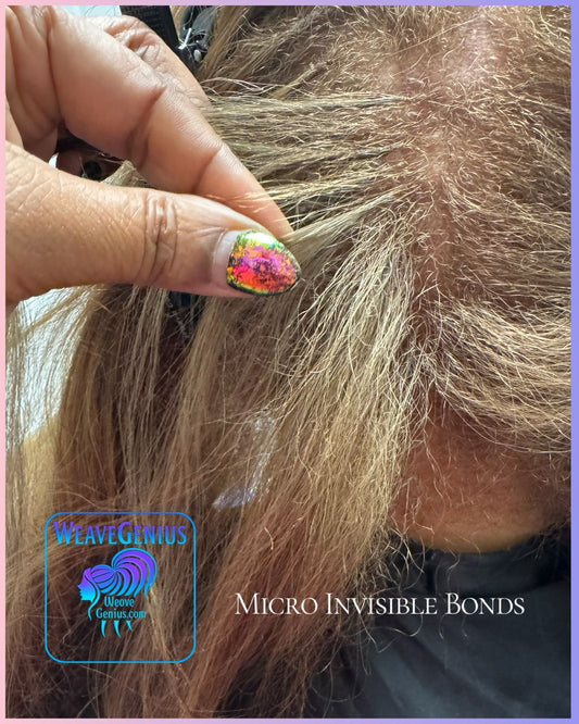 Close-up of hair with a hand applying micro invisible bonds, featuring the WeaveGinns logo.