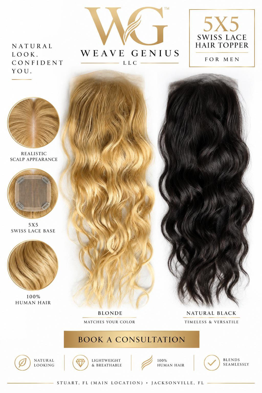 In Stock | WG Swiss Lace Hair Topper | 5×5 | Natural Black or Blonde