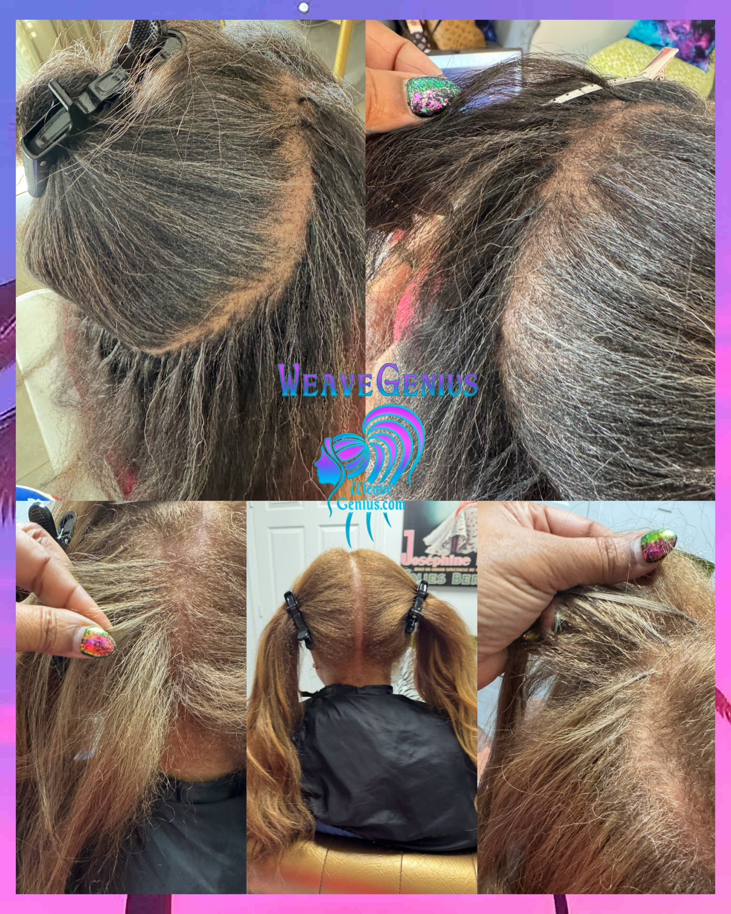 Collage of hair care images with 'WeaveGenie' branding.