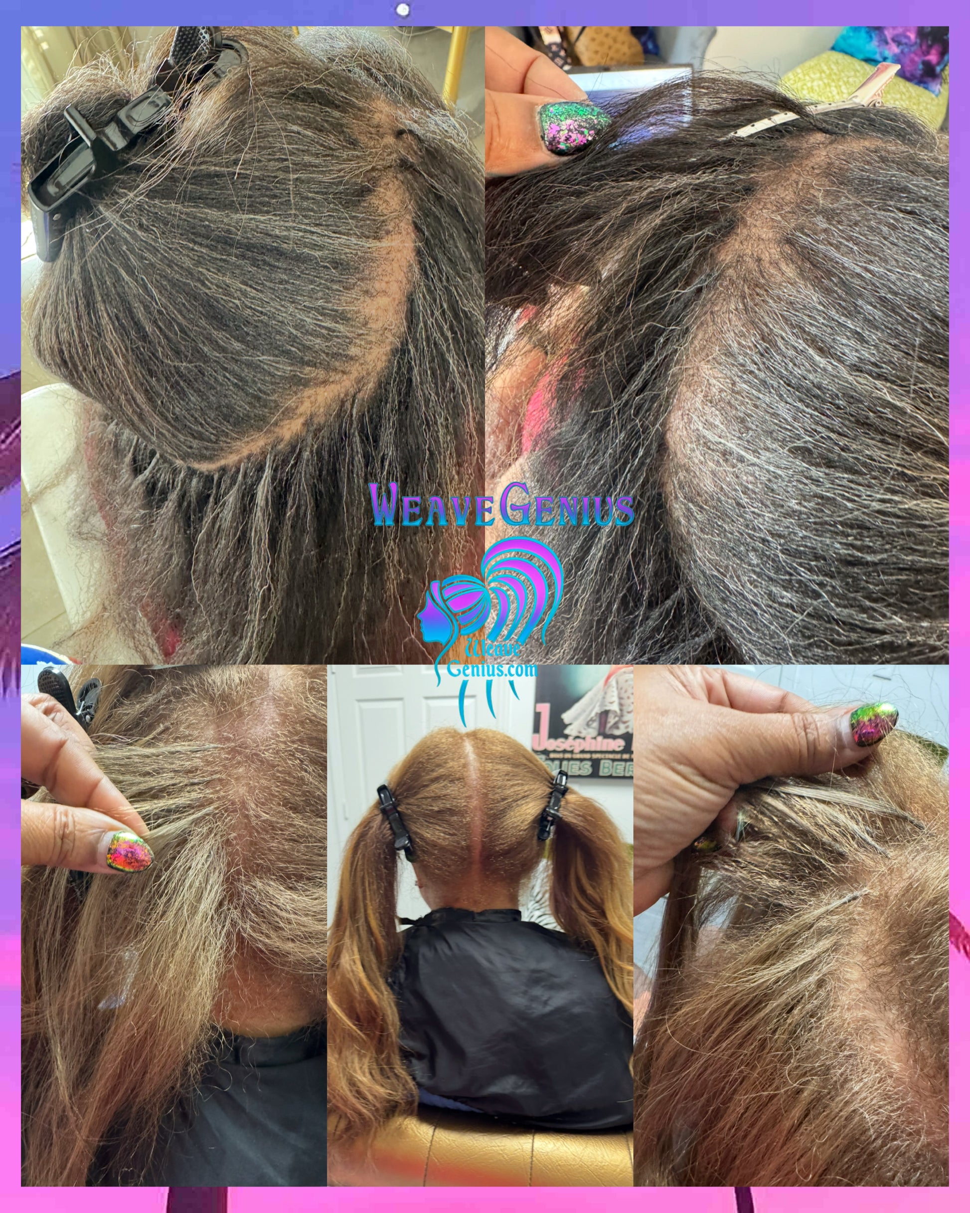 Collage of hair care images with 'WeaveGenie' branding.