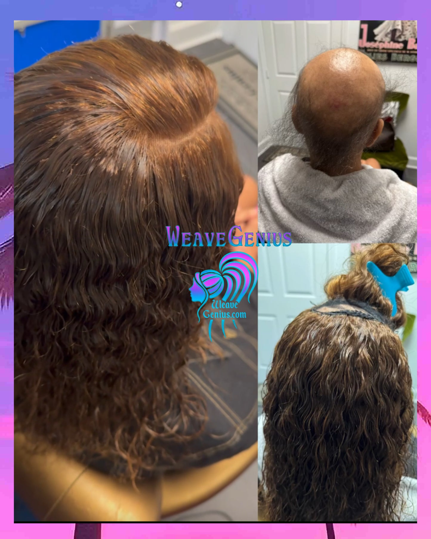Before and after comparison of a hair weave transformation with 'WeaveGenius' branding.