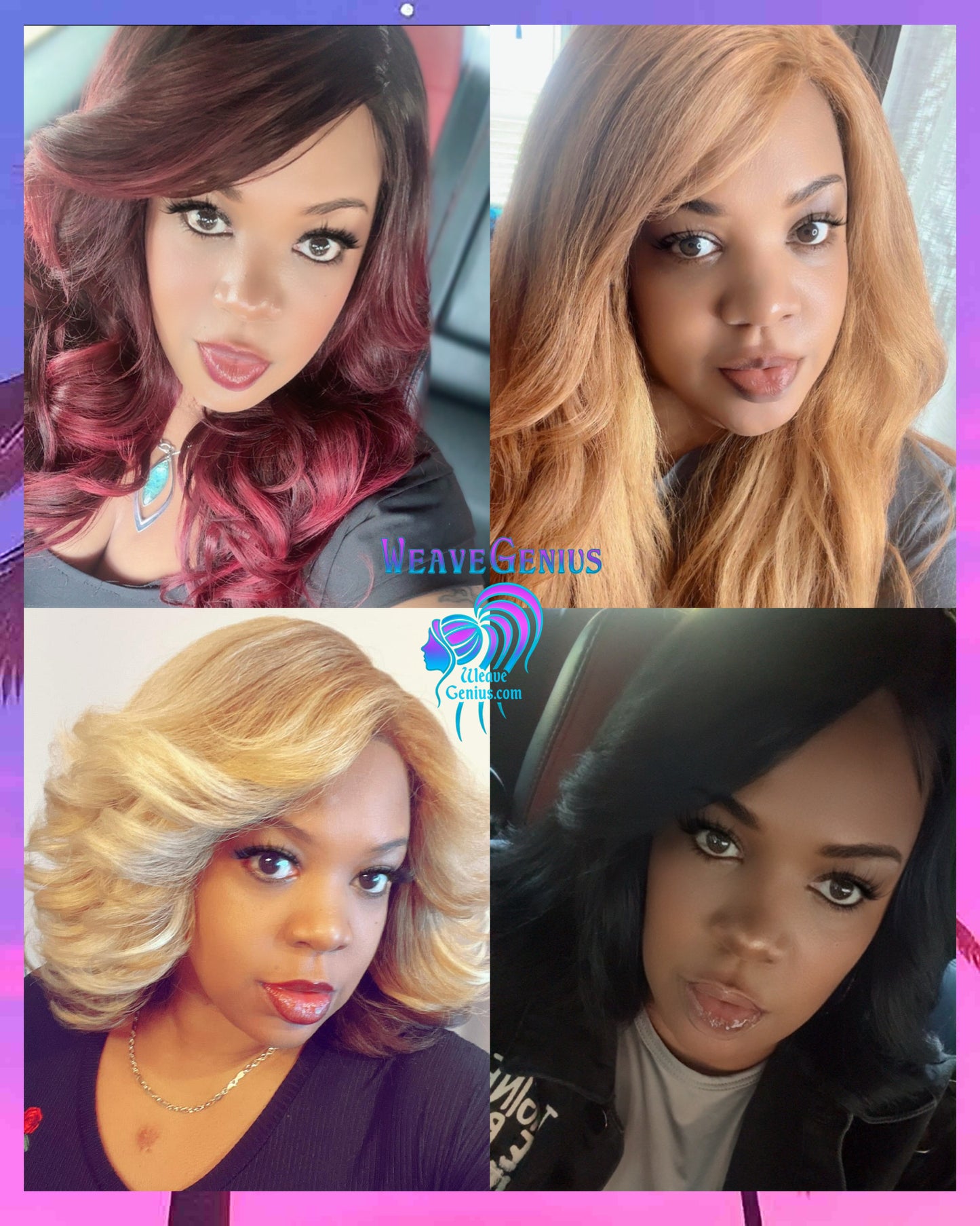 Collage of four women with different hairstyles and colors, featuring the brand 'Weave Genius'.