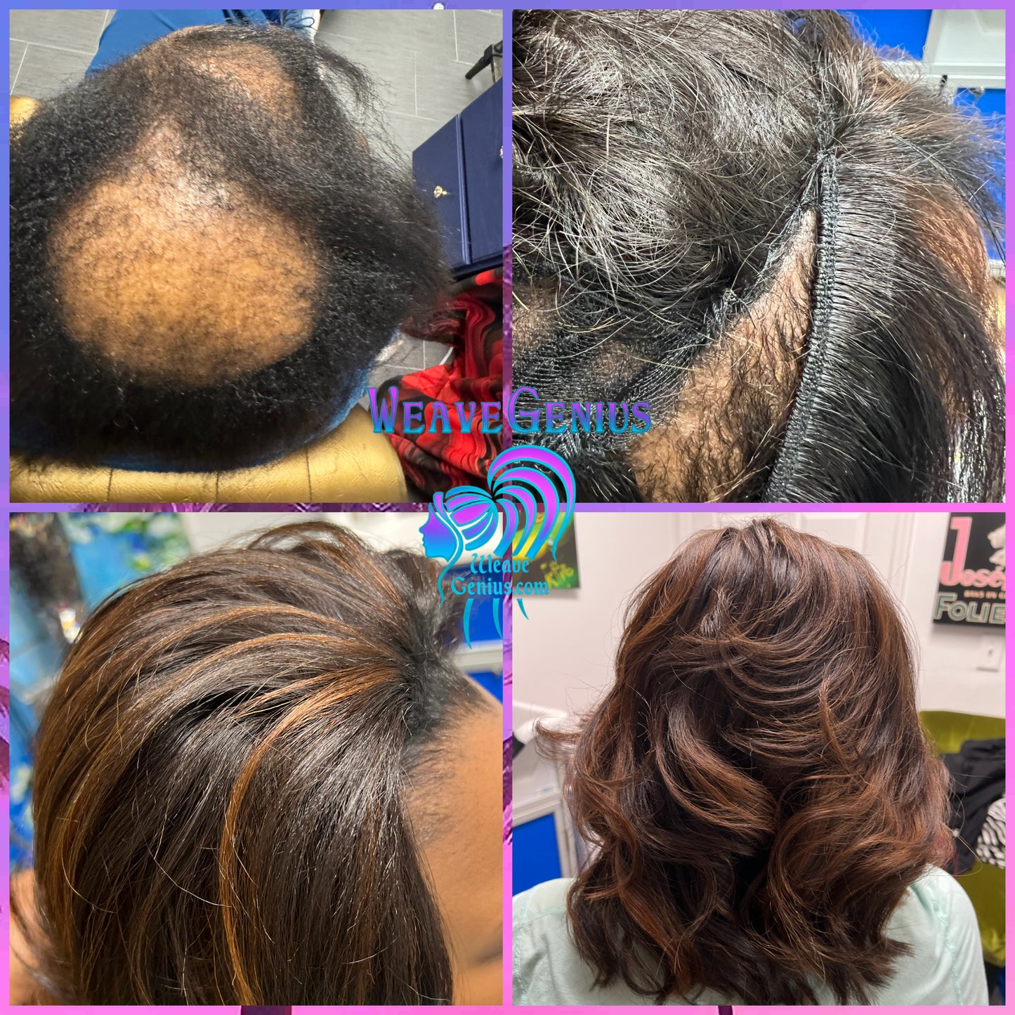 Collage of hair transformation before and after a weave, with 'WeaveGenius' branding.