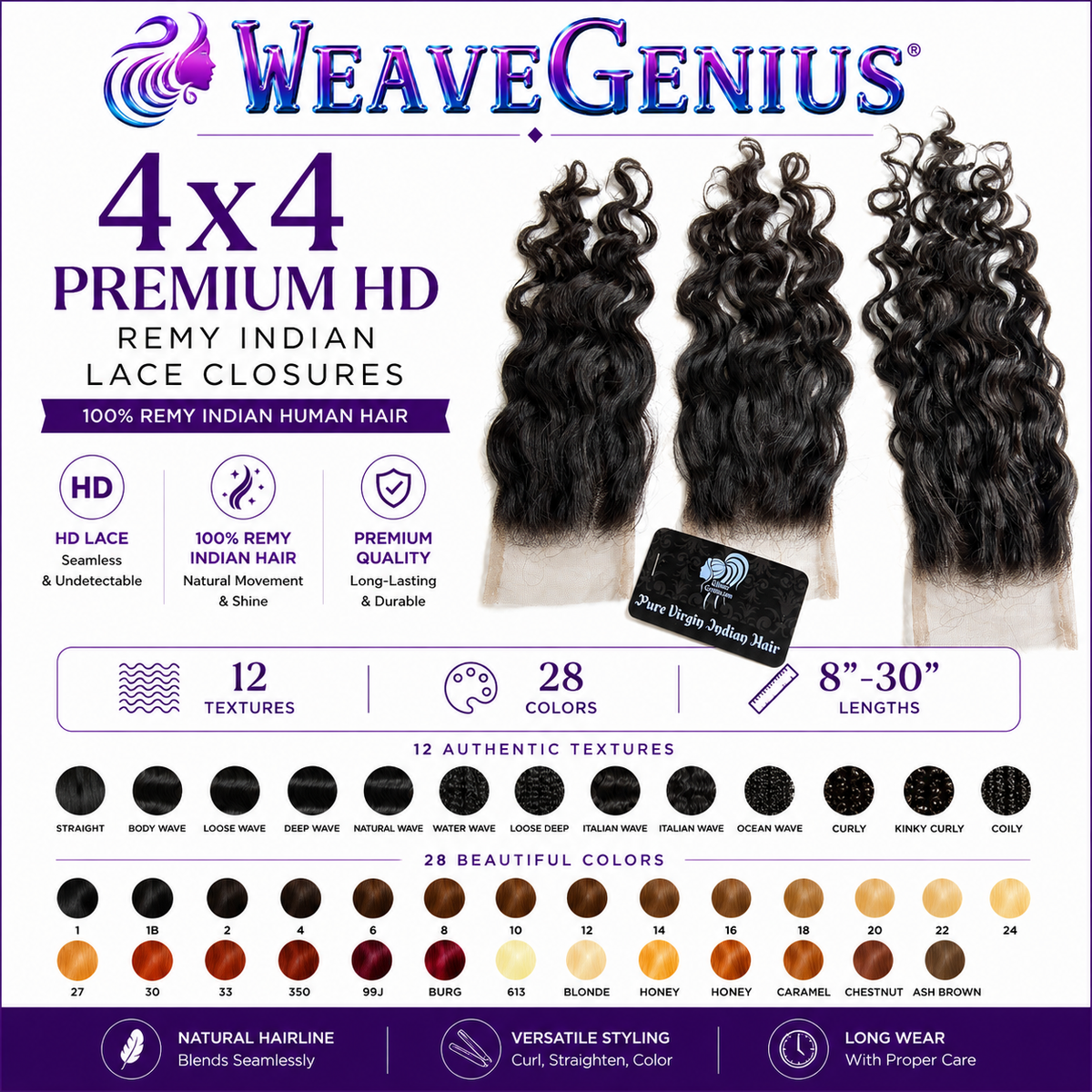 Island Curl 4x4 Lace Closure | Premium Remy Indian Hair | 28 Colors