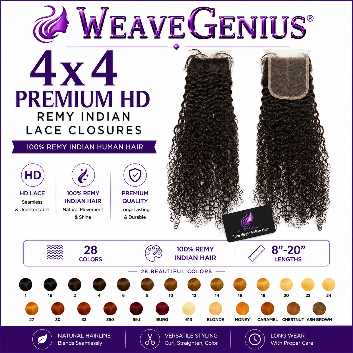 Infinity Curl 4x4 Lace Closure | Premium Remy Indian Hair | 28 Color