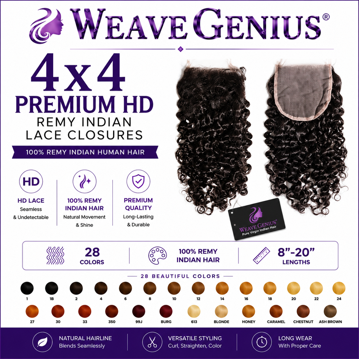 Jerry Curl 4x4 Lace Closure | Premium Remy Indian Hair | 28 Color