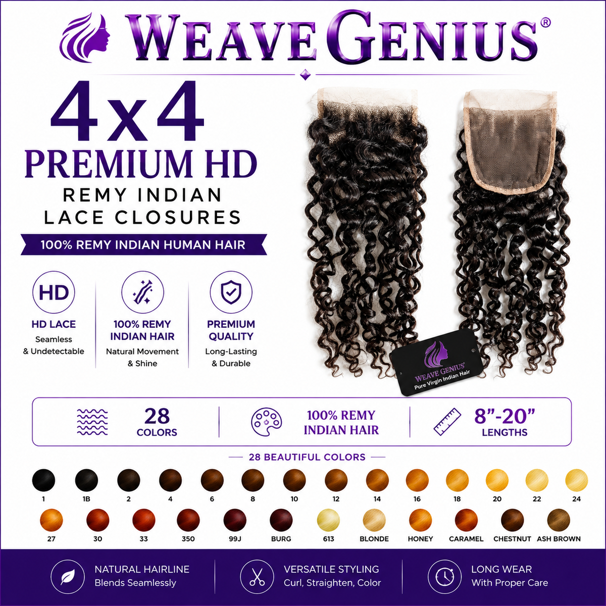 Curly Ringlet 4x4 Lace Closure | Premium Remy Indian Hair | 28 Colors