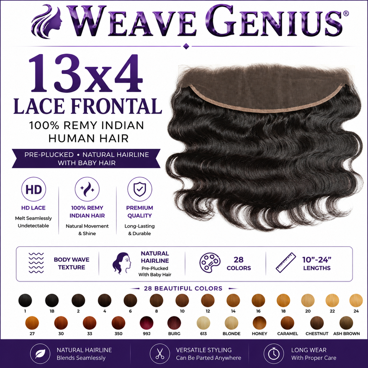 Natural Wavy 13x4 Lace Frontal | Premium Virgin Indian Hair | 28 Colors