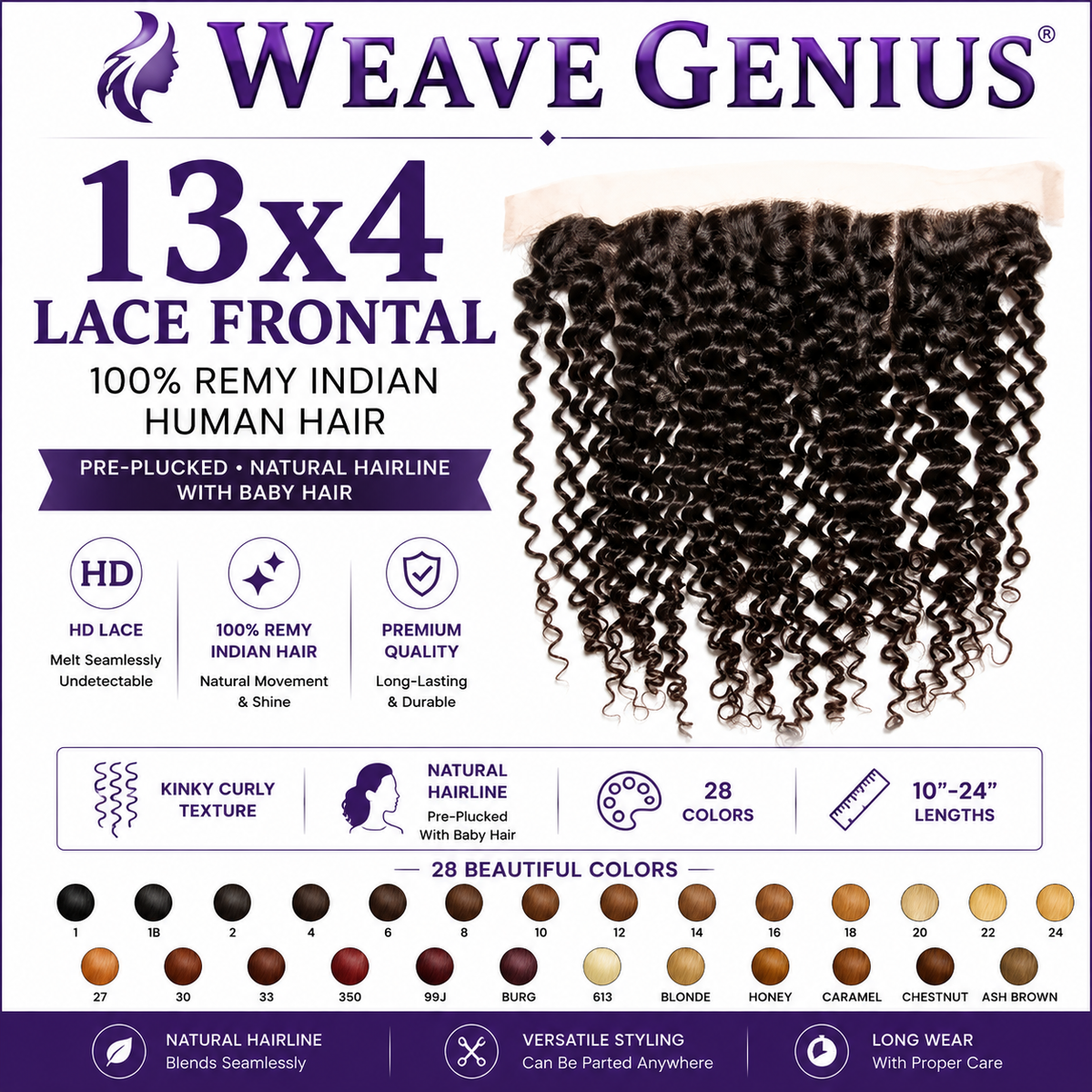 Natural Curly 13x4 Lace Frontal | Premium Virgin Indian Hair | 28 Color