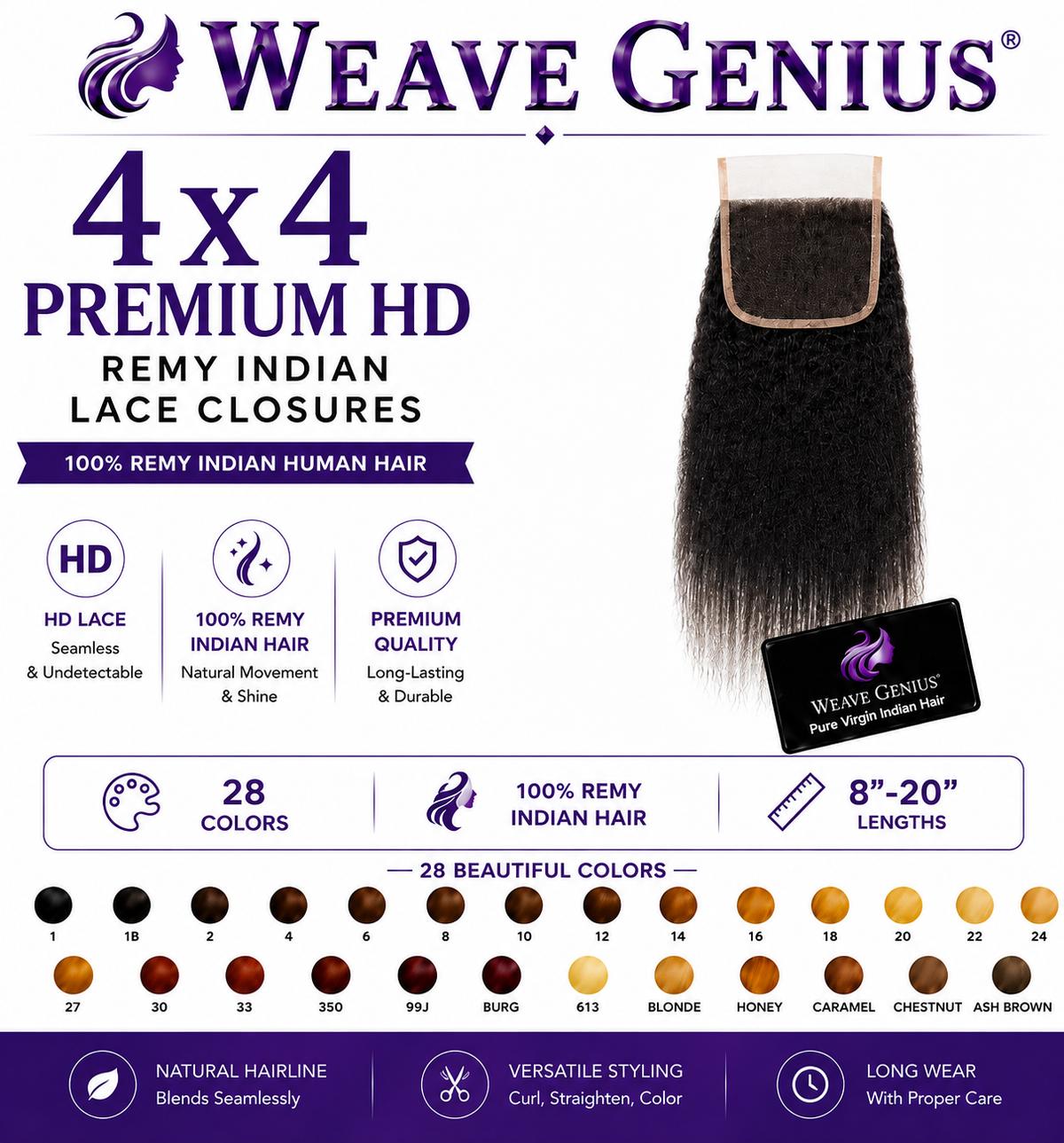 Yakicurl 4x4 Lace Closure | Premium Remy Indian Hair | 28 Colors