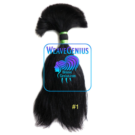 Black hair extension with 'Weave Genius' branding on a white background