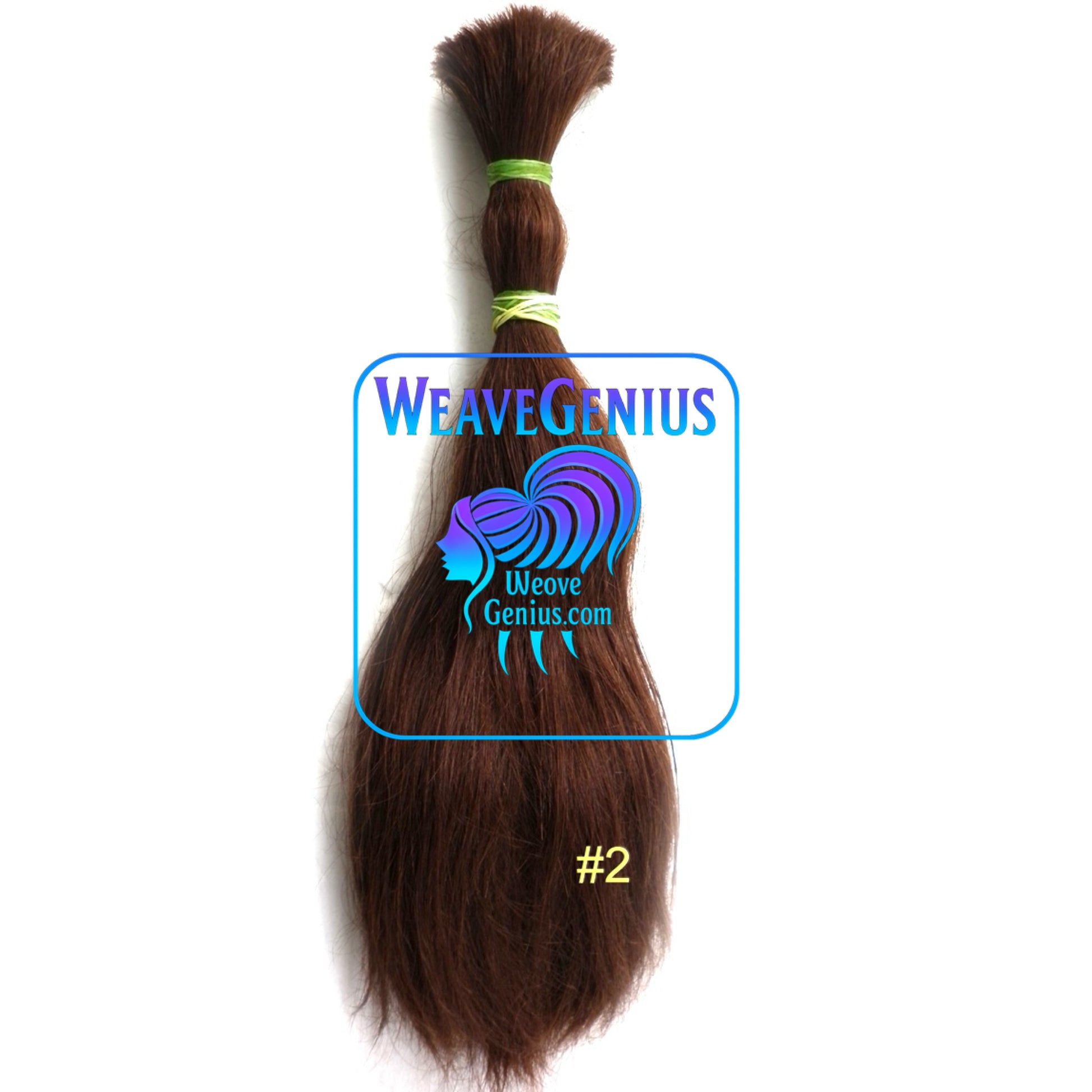 Brown hair extension with 'Weave Genius' branding on a white background