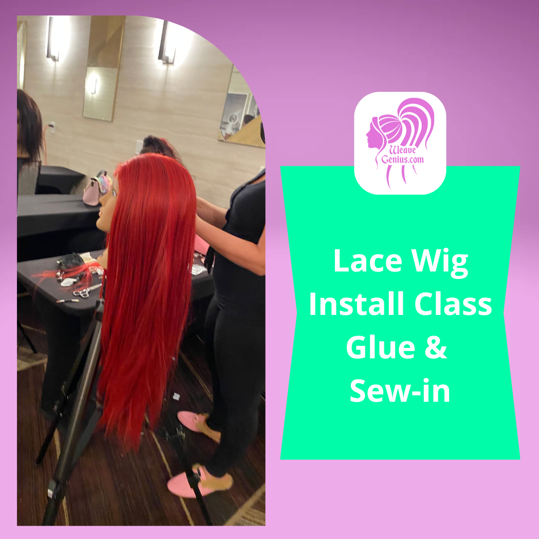 Person with red wig being styled in a salon setting, with a promotional graphic for a lace wig class on a purple background.