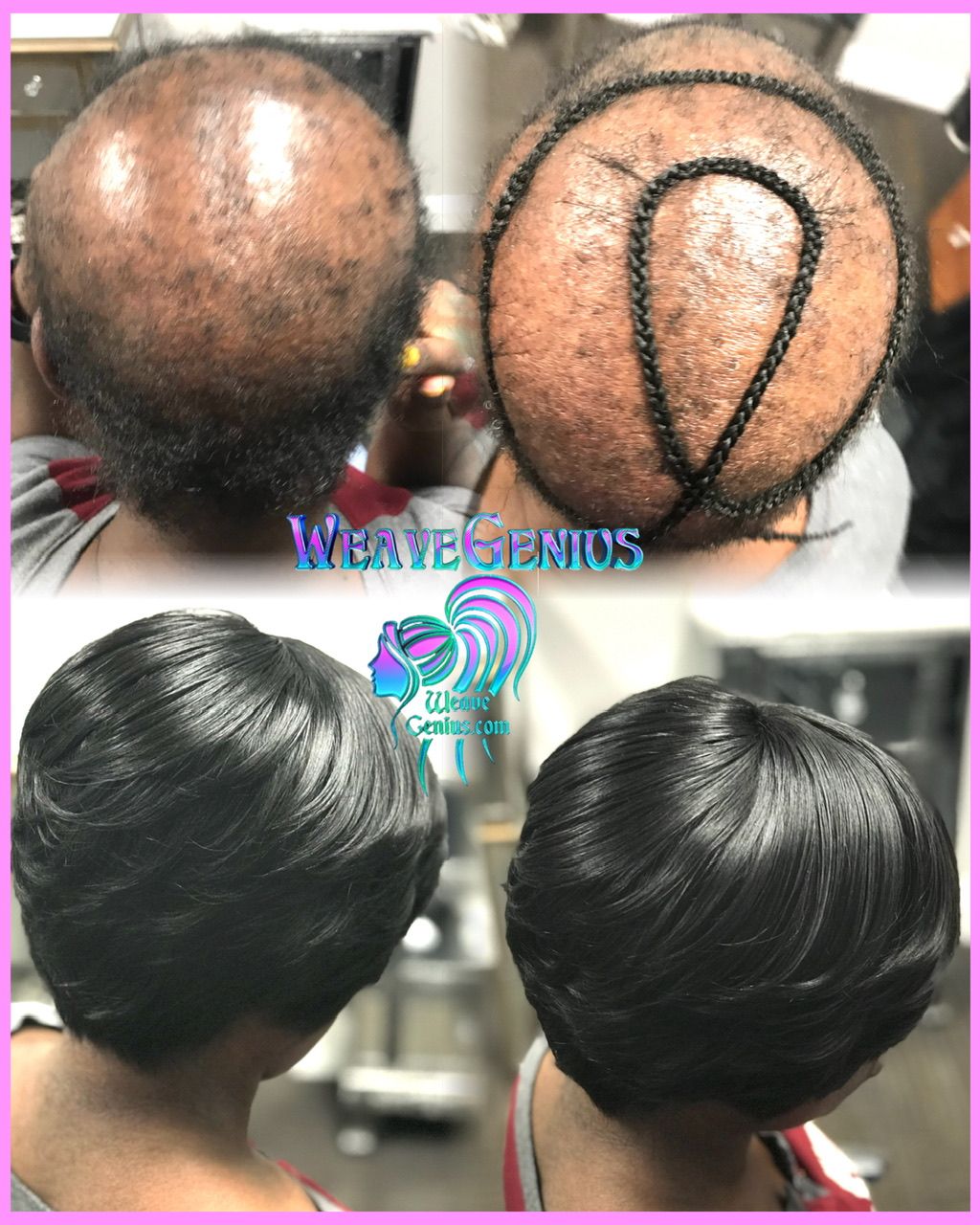 Before and after transformation of a hairstyle with braids and a wig, featuring the brand 'WaveGenius'.