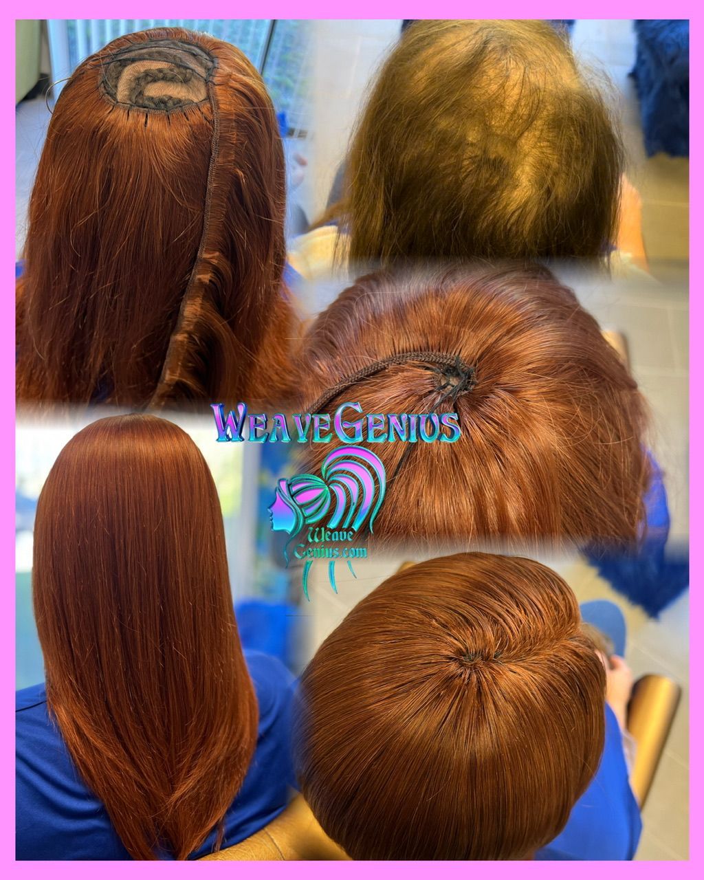Before and after transformation of a hair weave using WeaveGenius product.