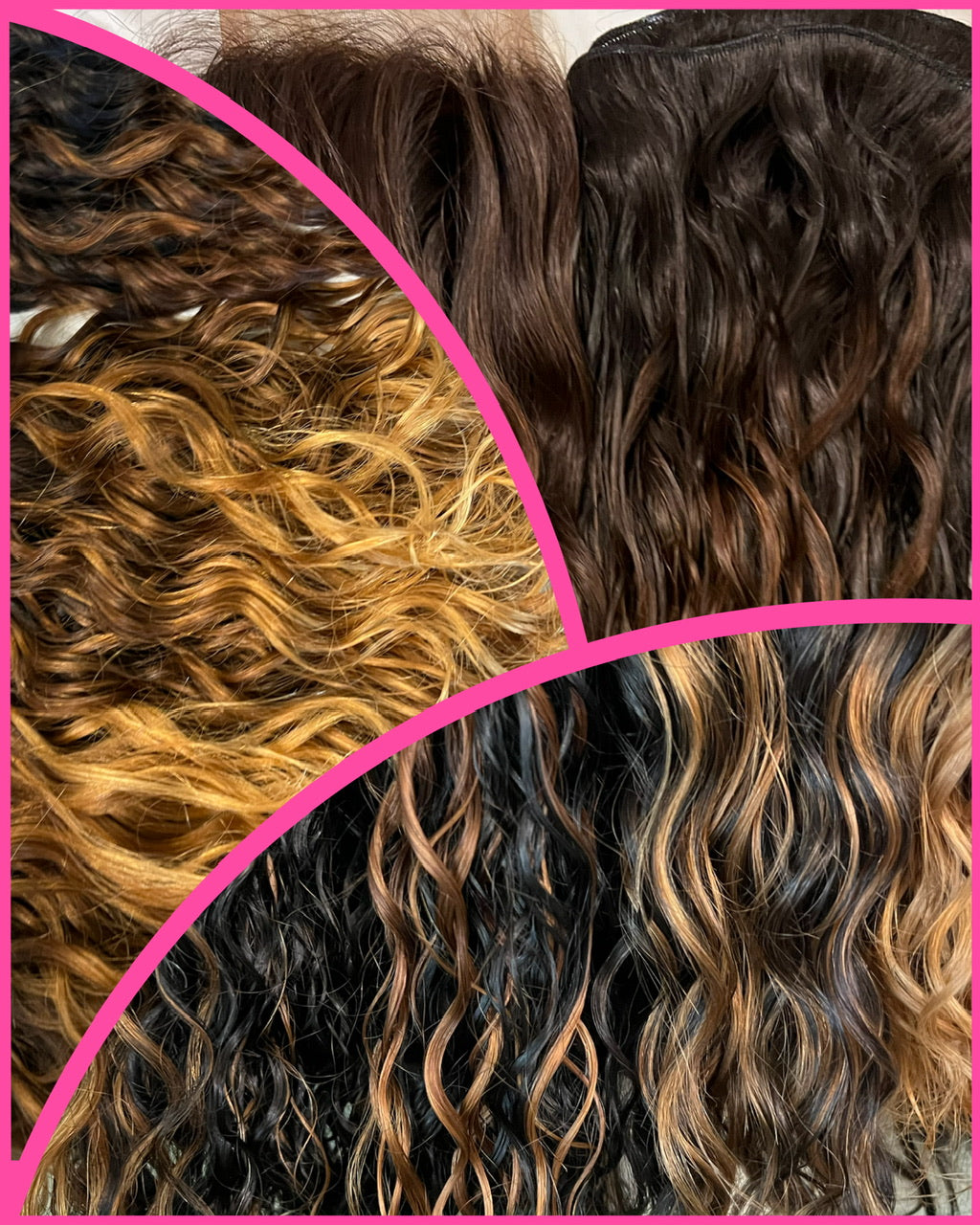 Close-up of wavy hair extensions with different color shades.