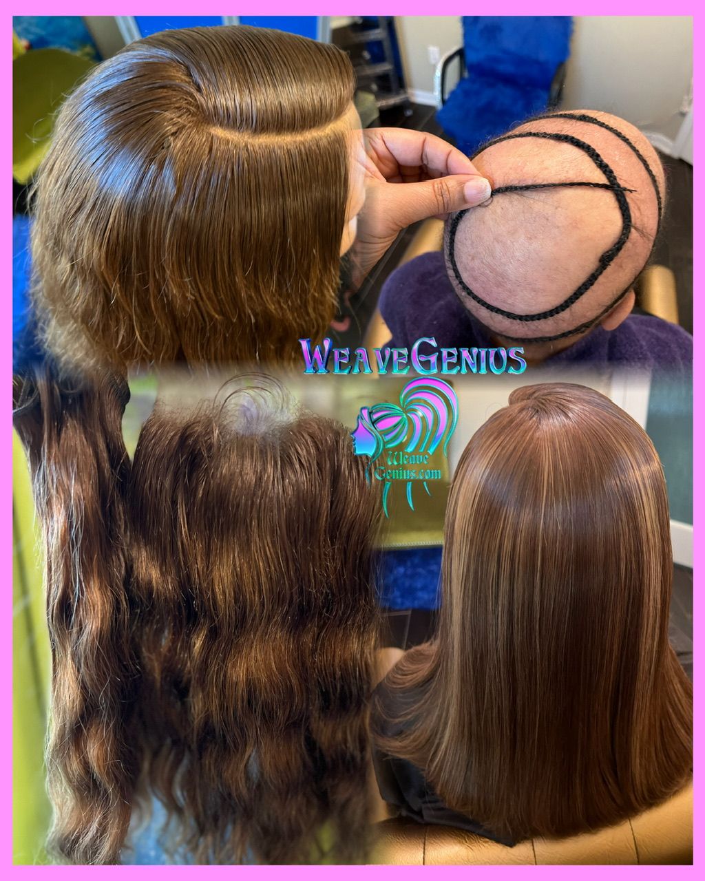 Hair weaving process with 'Weave Genius' branding.