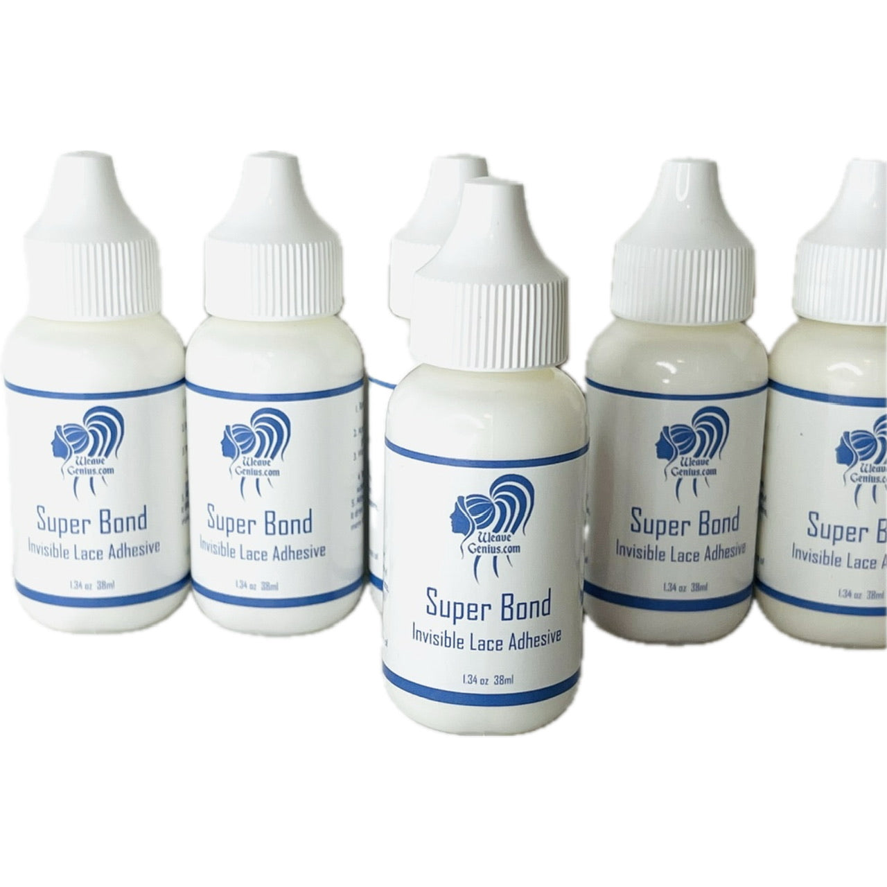 Six bottles of Super Bond Invisible Lace Adhesive on a white background