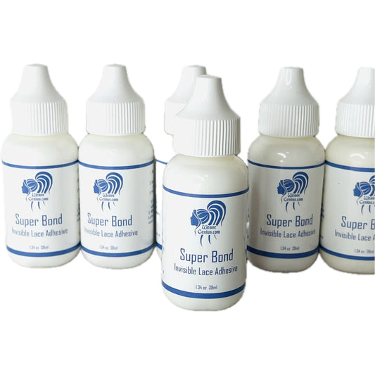 Six bottles of Super Bond Invisible Lace Adhesive on a white background