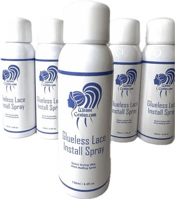 Multiple bottles of Glueless Lace Install Spray with a visible brand logo on a white background.