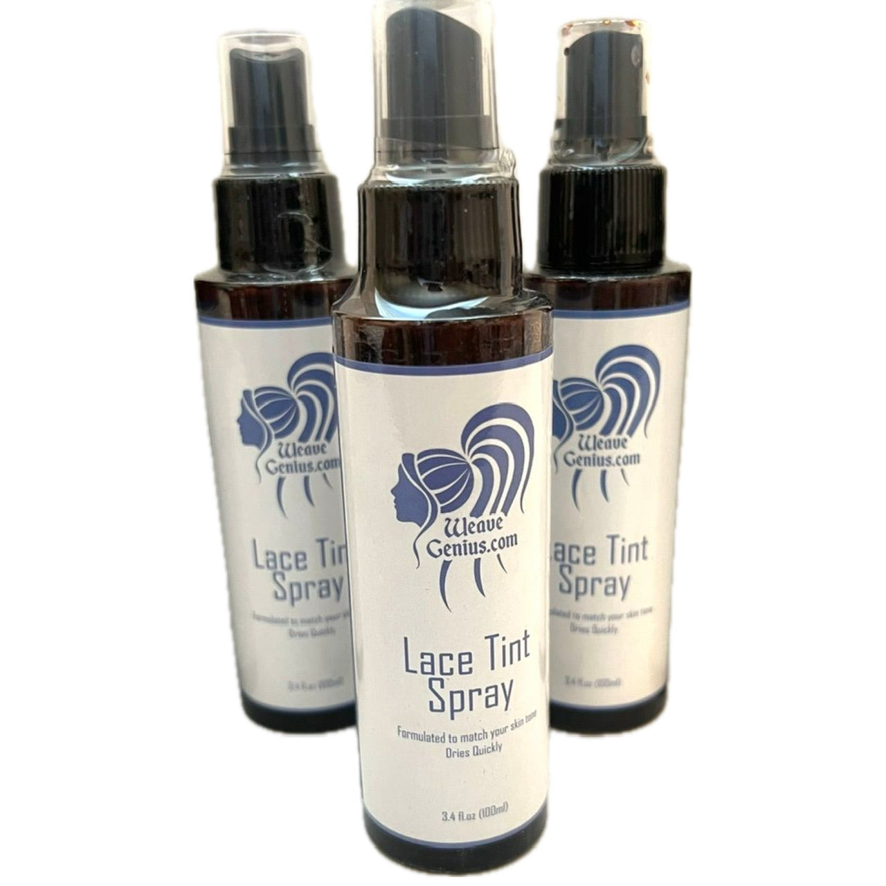 Three bottles of Lace Tint Spray from Weave Genius on a white background