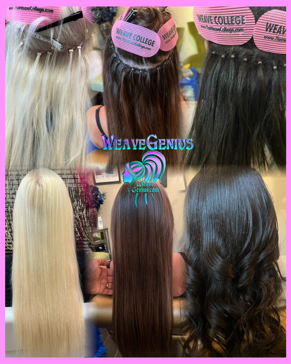 Display of hair extensions with 'Weave Genius' branding in a store setting.