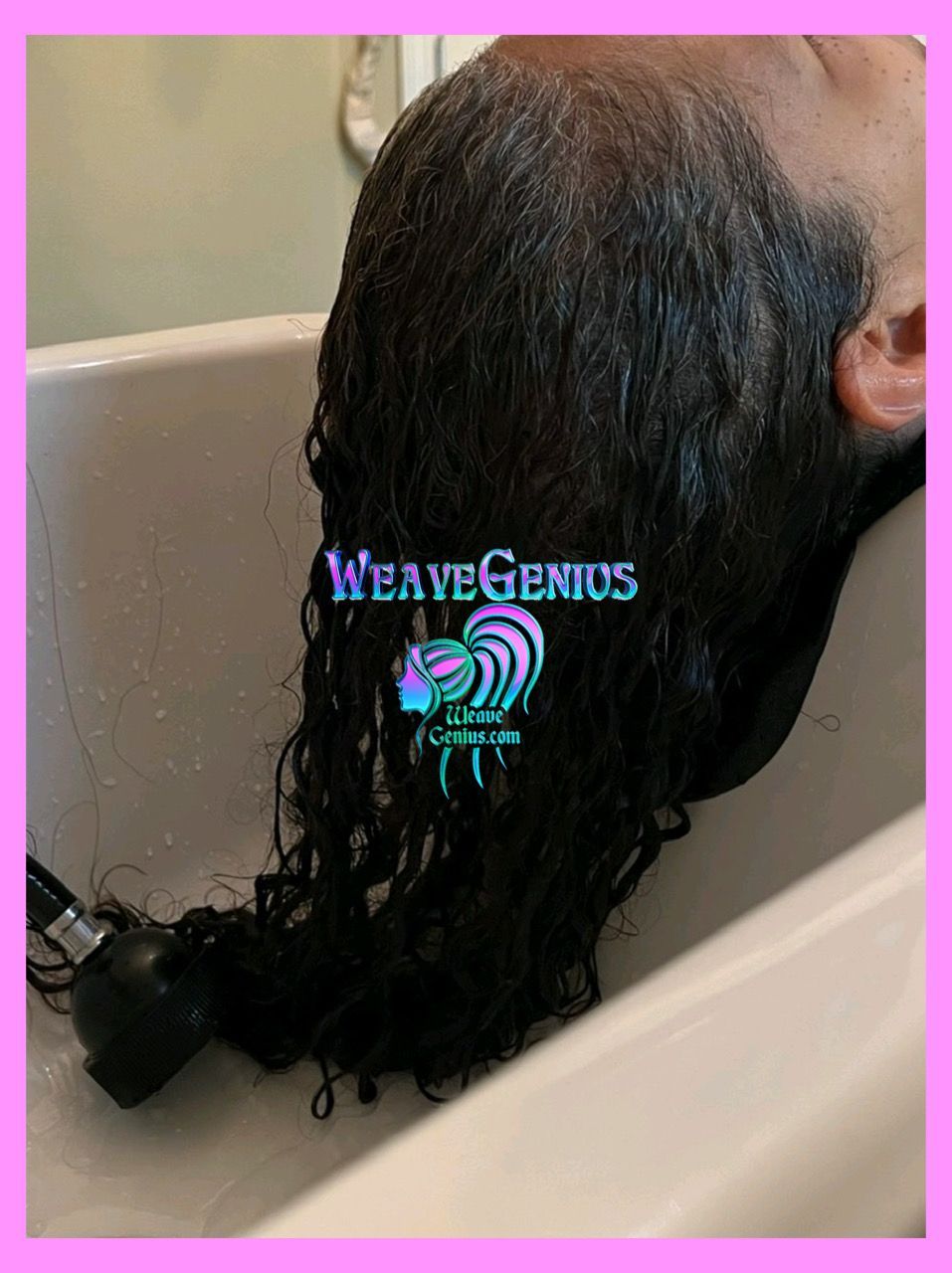 Person with wet hair using a hair care product, with 'WeaveGenius' branding visible.