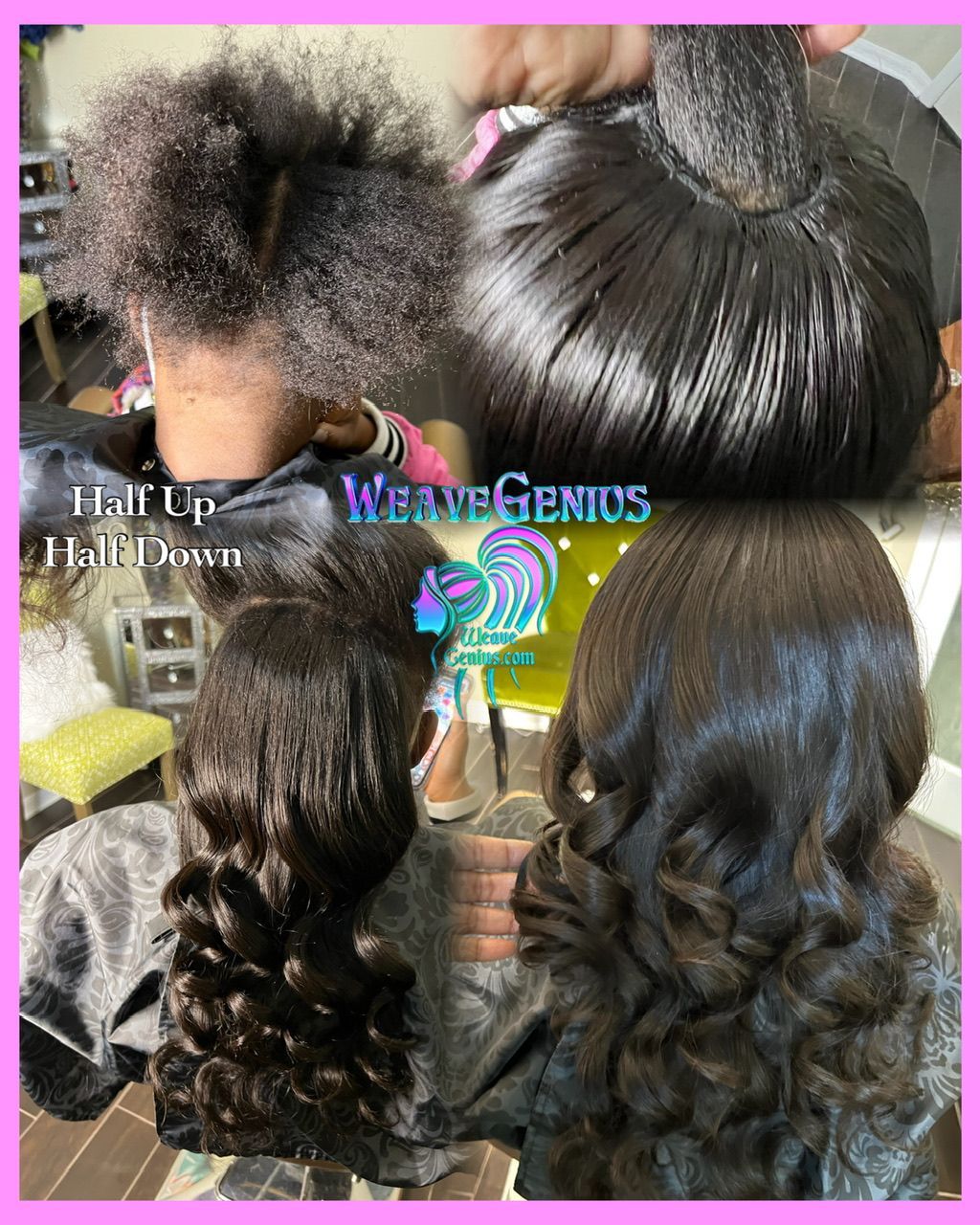 Collage of hairstyles with 'Weave Genius' branding on a pink border.